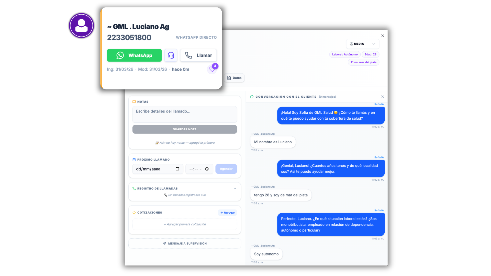 Perfil completo del lead con notas, agenda y chat